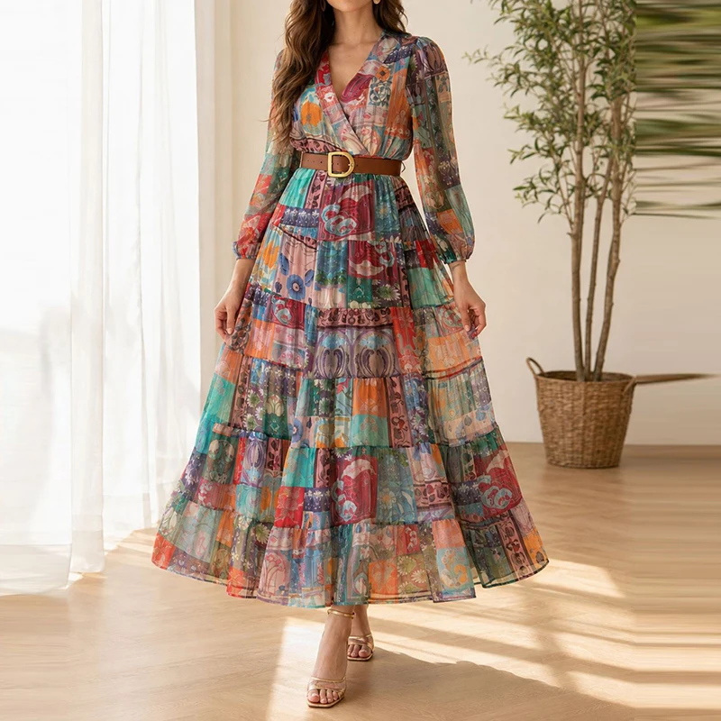 Women Casual Long Sleeve Daped Party Dress 2026 Fashion Pattern Print Long Dress Elegant V-Neck With Belt Chiffon Vacation Dress