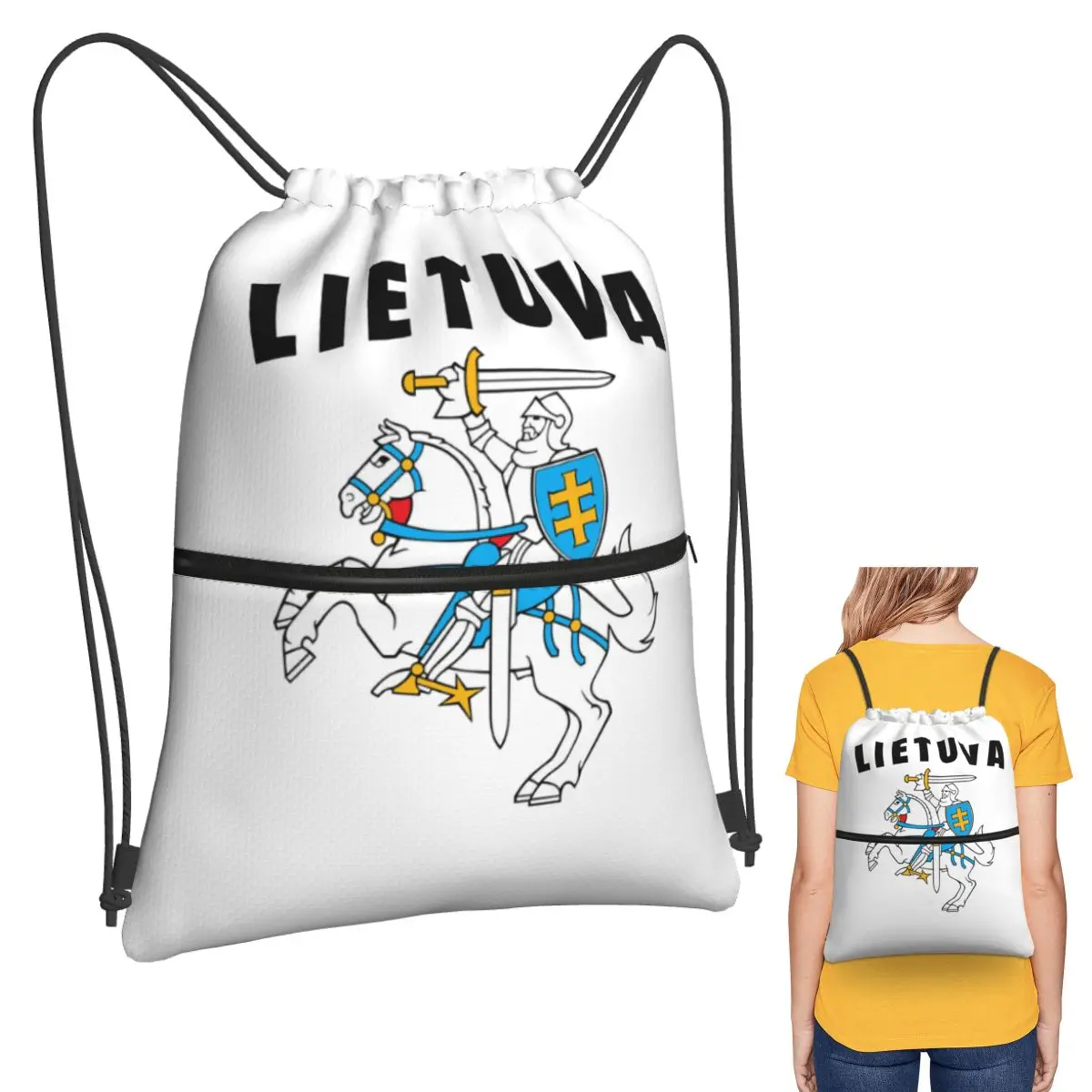 

Lietuva Lithuania Coat Of Arms Backpacks Casual Portable Drawstring Bags Sundries Bag Book Bags For Man Woman Students