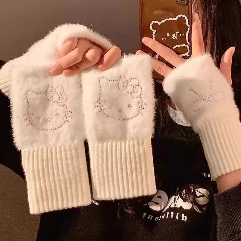 Sanrio Hello Kitty, зимние теплые женские перчатки с полупальцами, утолщенные теплые перчатки с милым мультяшным горячим бриллиантом