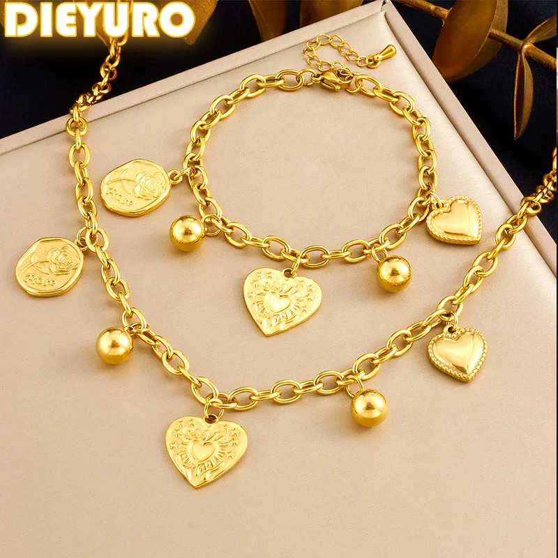

DIEYURO 316L Stainless Steel Golden Sun Heart Flower Love Rose Necklace Bracelet Set Lady New Waterproof Jewelry Party Gift Set