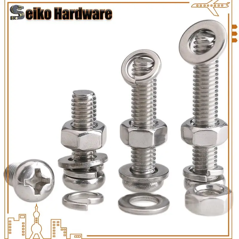 M2M2.5M3M4 Stainless Steel 304 Round Head Cross Screw Nut Gasket Set Complete Spring Pad Combination