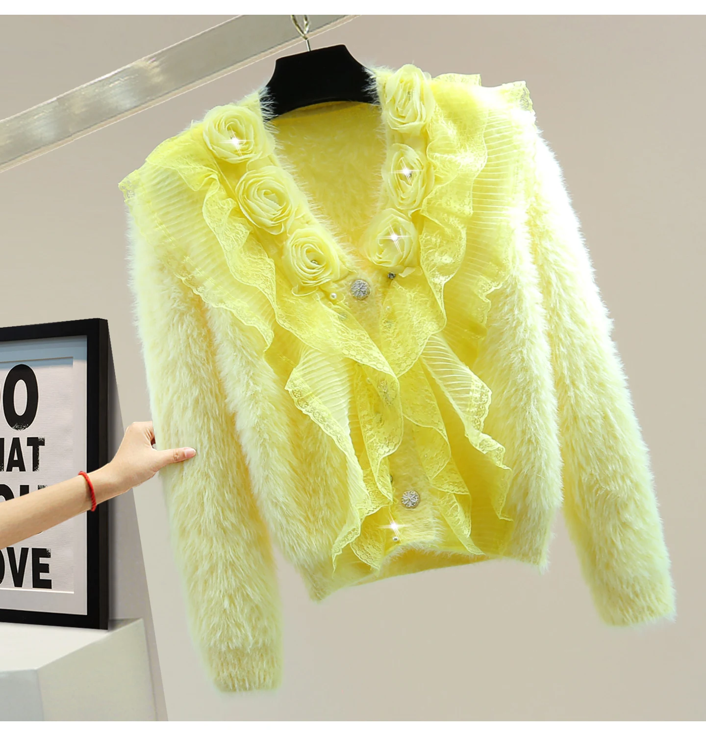 

Вязаный свитер из мохера с v-образным вырезом и цветочным принтом, осенне-зимний короткий кардиган с высокой талией и бисером, украшенный бриллиантами