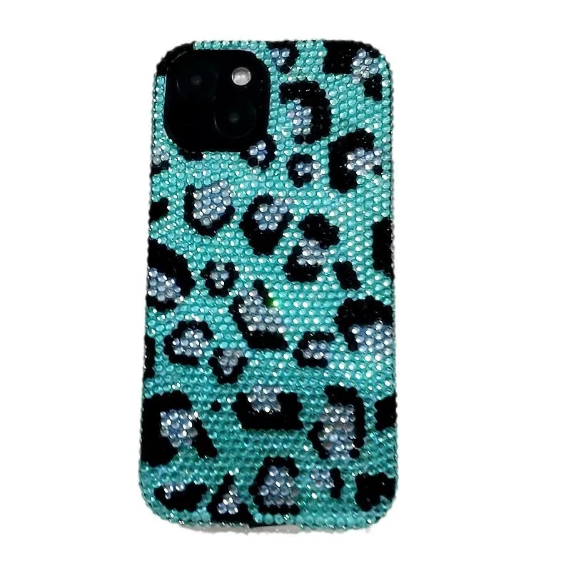 

Luxury Glitter Phone Case Bedazzled Green Leopard Print iPhone 16 Protect Cover Hand-applied Rhinestone Mobile Case Mosaic Gift
