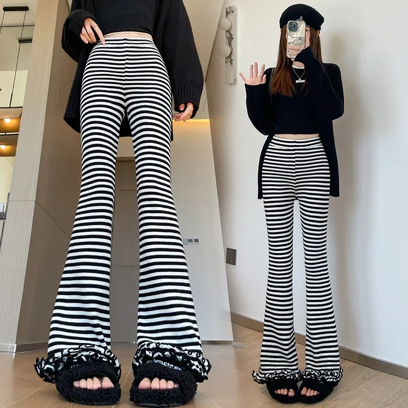 Women Pants Knitted Striped Micro Flared High Waist Elastic Korean Retro Casual Ear Fungus Edge Versatile Tight Fit New Fashion
