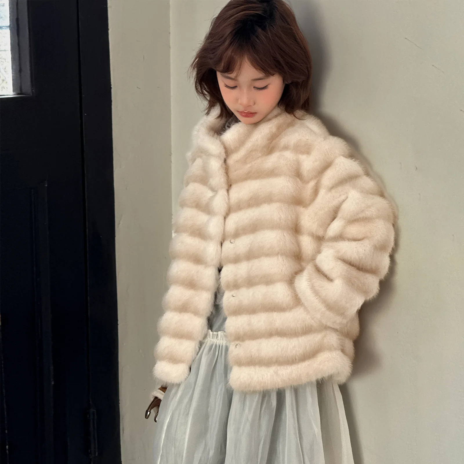 UNITIM Winter Junior Girls Faux Fur Coat Striped Teens Girls Faux Mink Fur Outerwear Children Single Button Woolen Coat for Girl