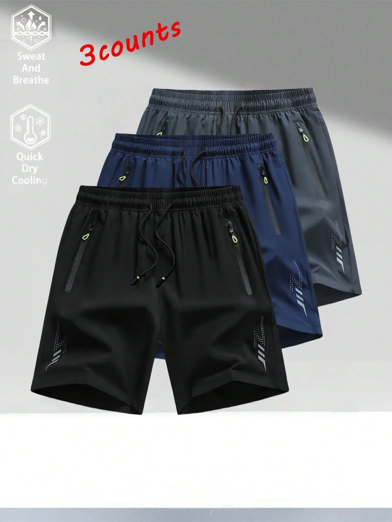 

3pcs Men's Quick Dry Sports Shorts With Zipper Pockets And Drawstring Waist