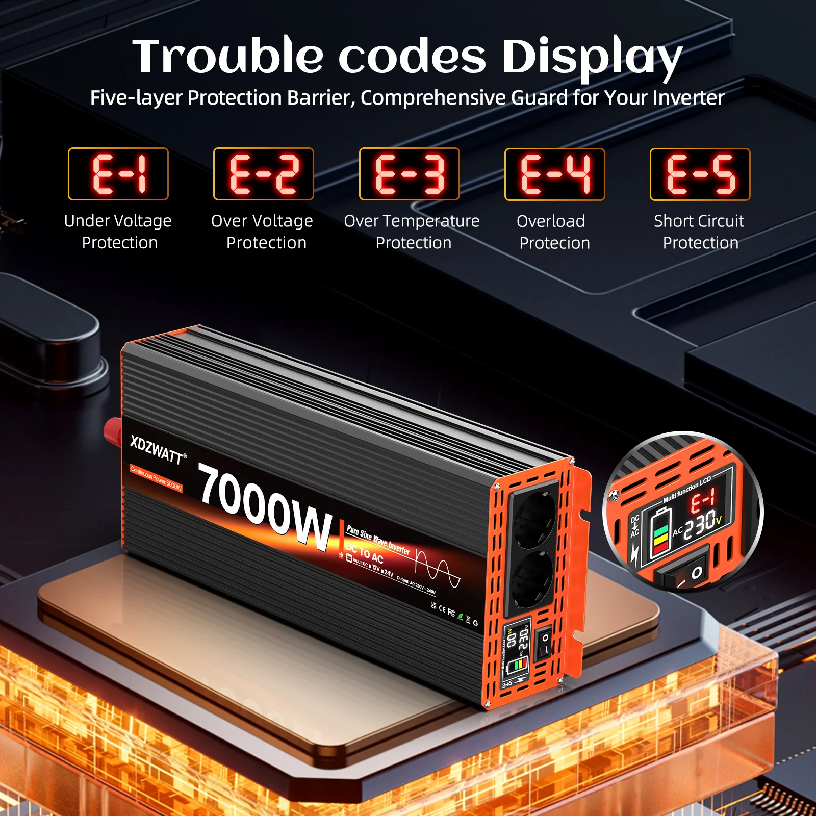7000 واط الذروة الطاقة نقية شرط لموجة العاكس تيار مستمر 12 فولت إلى التيار المتناوب 220 فولت 230 فولت الاتحاد الأوروبي المقبس ل RV السفر الأجهزة المنزلية شاشة الكريستال السائل حماية #4