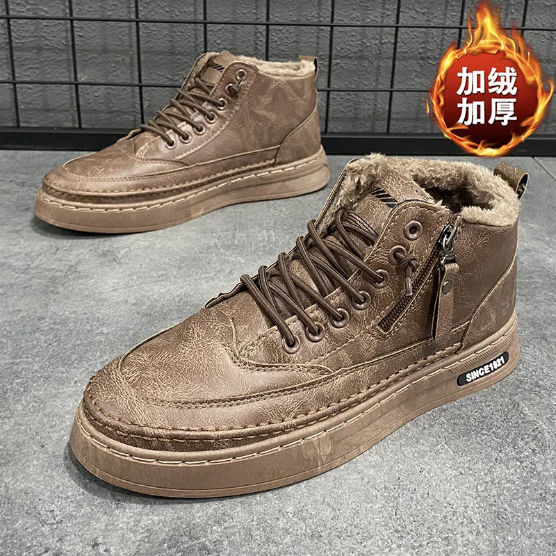 

Winter Men Sneakers Outdoor Cold-proof Warm Short Boots Men High-top Comfortable Plus Velvet Platform Boots Casual Leather Boots