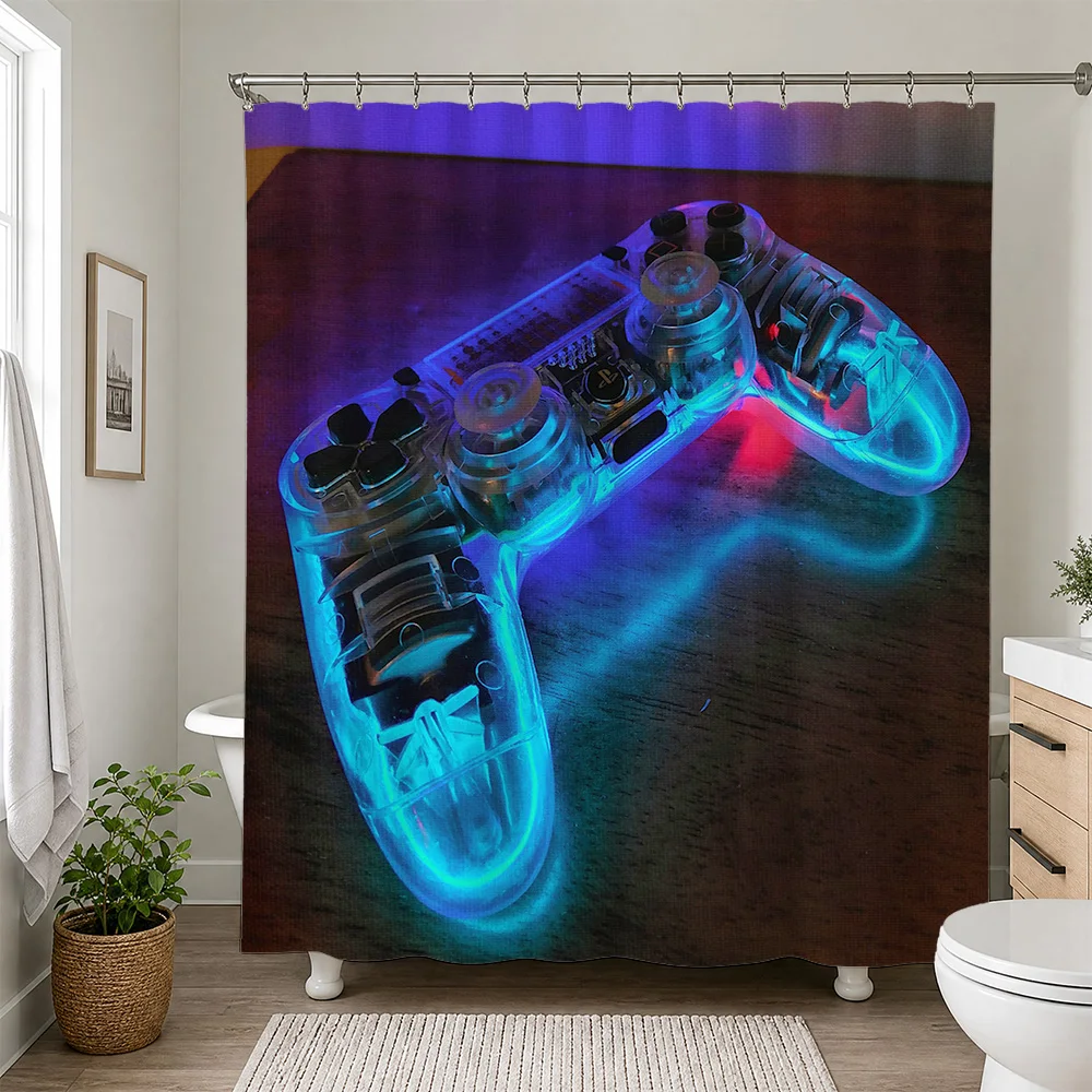 Neon Video Game Controller Shower Curtain Waterproof Bathroom Decor Fun Retro Gaming Shower Curtain
