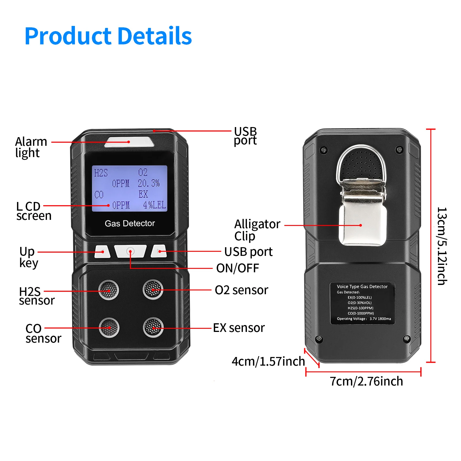 Portátil 4 em 1 Detector de Gás Recarregável, Qualidade do Ar Tester, Analisador, Multi Monitor, Alta Precisão, EX, O2, H2S, CO, 4 em 1