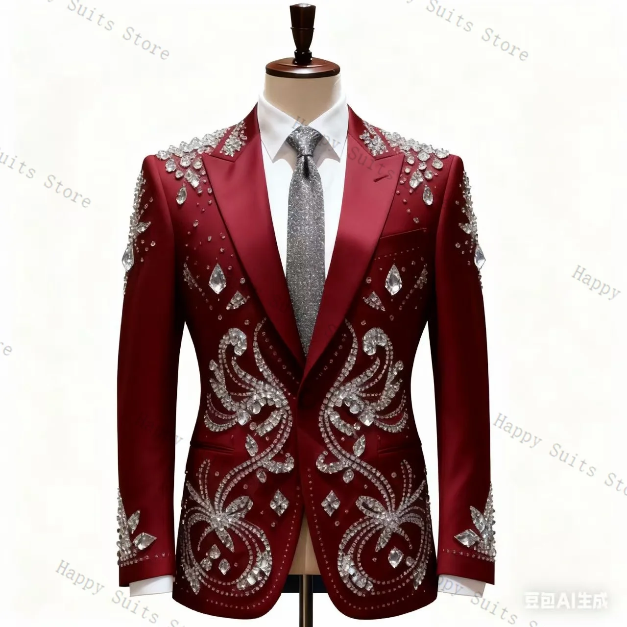 

Red Men Suit Set 2 Pcs Blazer+Black Pants Trousers Formal Office Coat Luxury Crystals Wedding Tuxedo Customized Jacket Outfit
