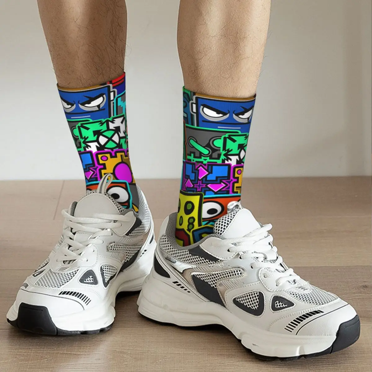 Hip Hop Retro Geometry Pattern Crazy Men\'s compression Socks Unisex Geometry Dash Game Street Style Seamless Crew Sock Boys