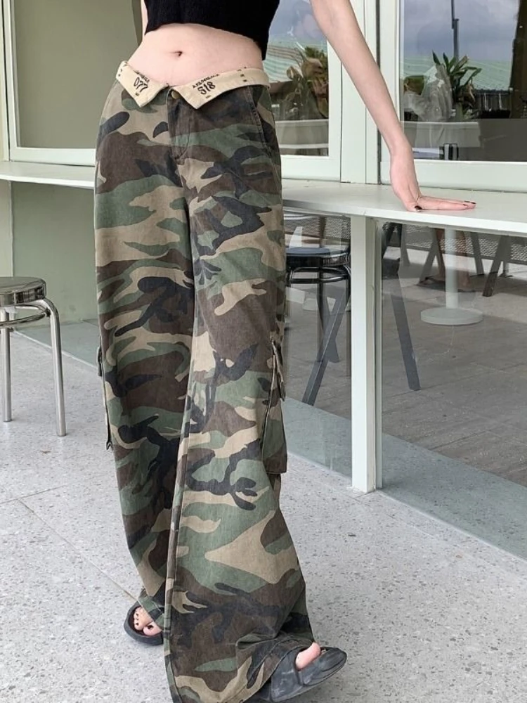 

American style camouflage cargo jeans women new loose design spicy girl high waisted flanged straight leg floor length pants