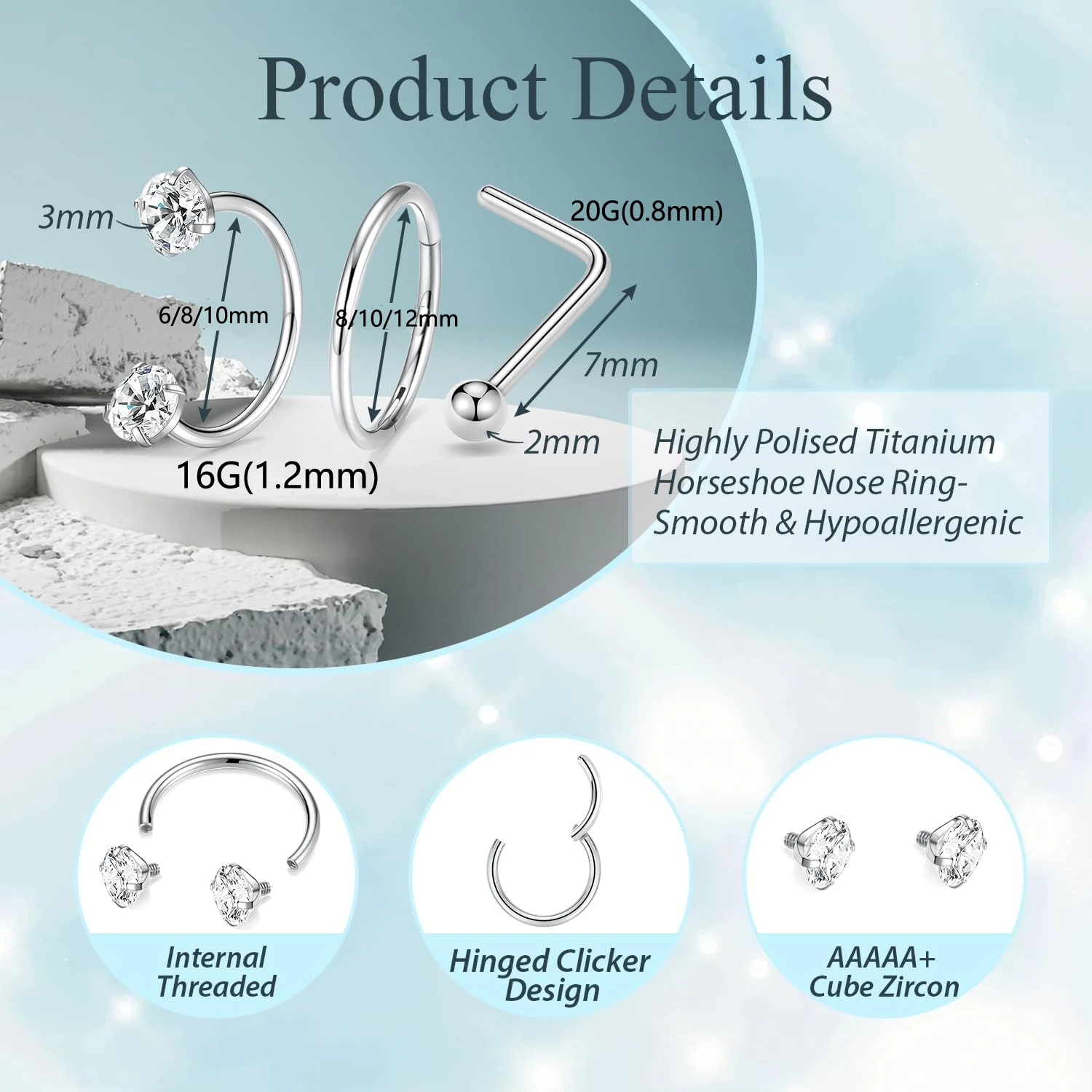 Horseshoe G23 Titanium Nose Rings Nose Studs Daith Tragus Helix Rook Cartilage Eyebrow Lip Piercing Jewelry Septum Rings L Shape