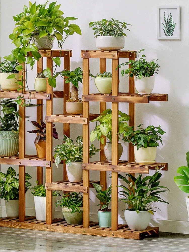 

Solid Wood Flower Rack Storage Indoor Multi-Layer Balcony Decoration Floor Living Room Green Radish Pot Succulent Iron Art