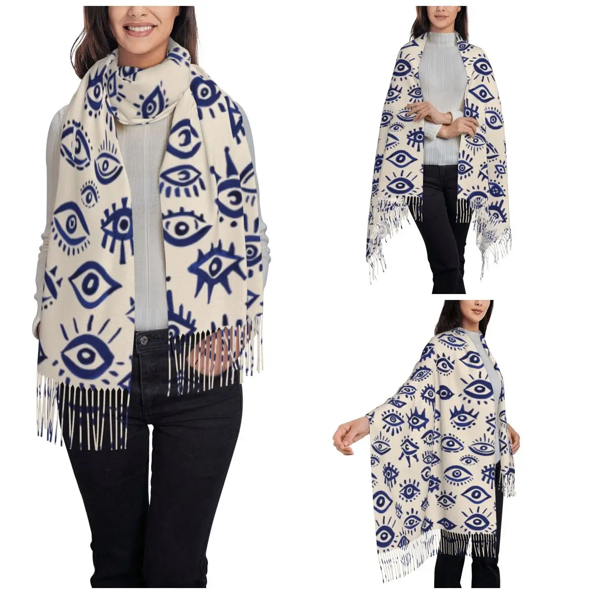 Scarf with Tassel Mystic Eyes Navy & Cream Large Winter Warm Shawl and Wrap Evil Eye Blue Nazar Amulet Boho Gifts Cashmere Scarf