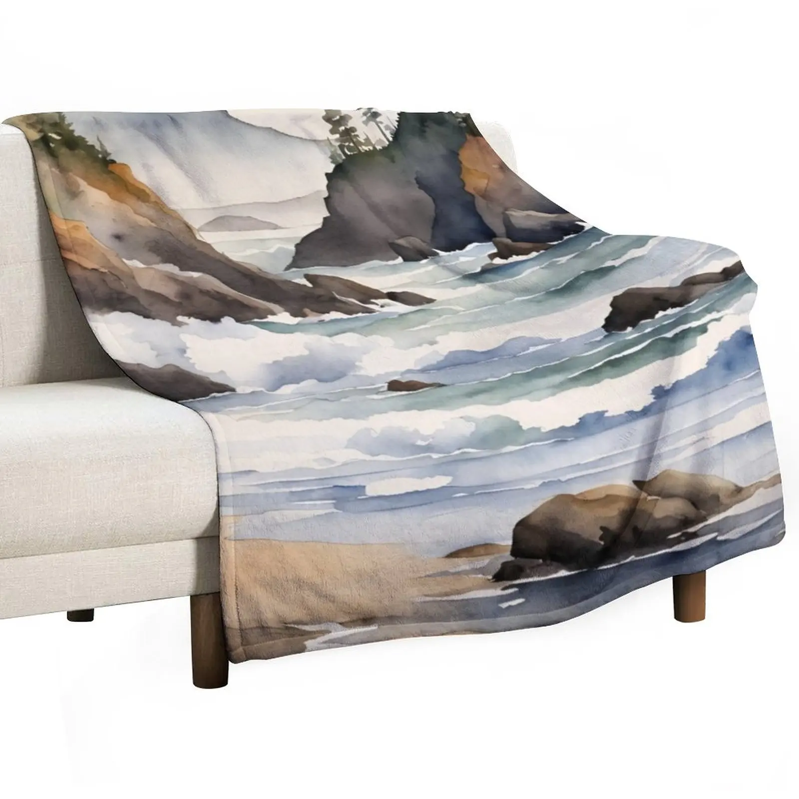 Oregon Coast Watercolor Beach Scene Throw Blanket Plush bed plaid Thin Shaggy Sleeping Bag Blankets