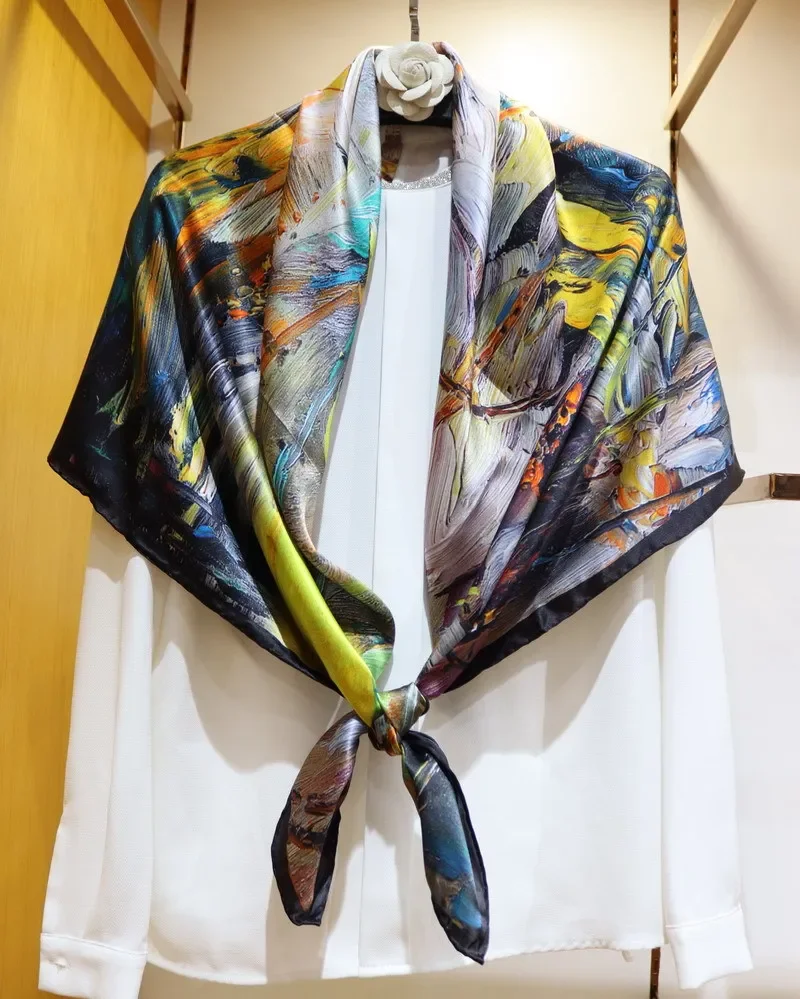 

Высококачественная элегантная женская изысканная картина маслом, яркий принт, качественный простой атласный шелк, скрученный вручную край, большой квадратный шарф, шаль