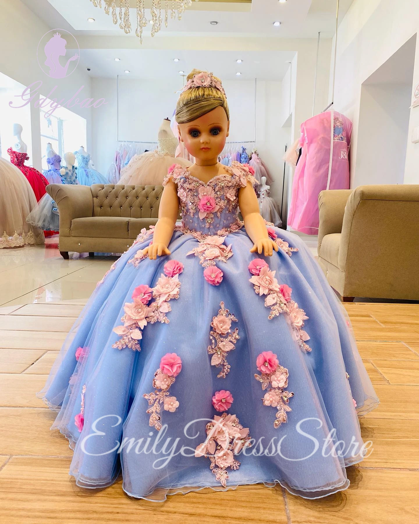 

Customized Blue Flower Girl Dress For Wedding Pink Beaded Pearls Puffy 3d Applique Kids Birthday Party First Communion Gown
