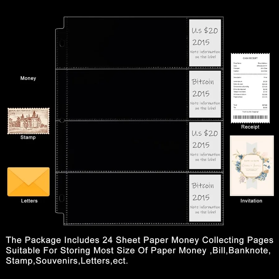 24 pçs 4 bolso currey mangas para 3 anel fichário claro currey álbum bill mangas holde coleção pasta folha de plástico protector