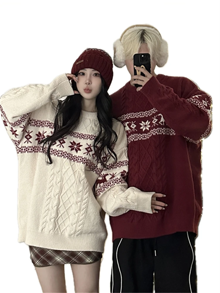 

Loose Nordic Sle Cisas Snowflake Knitted Sweater Couple Matching Autumn Winter Lazy Feeling Polyester Fiber Long Sve...