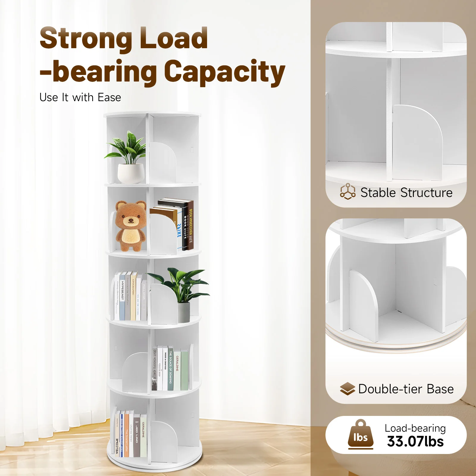 

5 Tiers Rotating Bookshelf With Gloves & Phone Holder Strong Bearing Capacity Wide Space Round Build to Last White