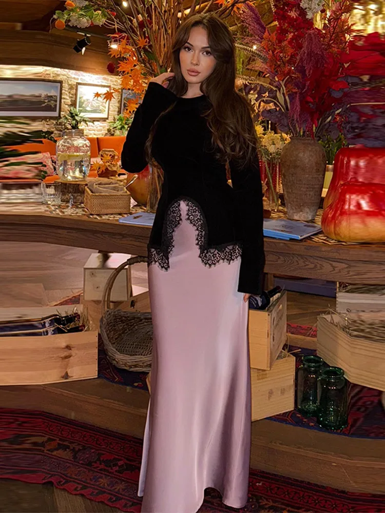 Elegant Lace Velvet Patchwork Women Top Flare Long Sleeve O-neck Split Female Blouse 2026 Summer Autumn Lady Clothes New