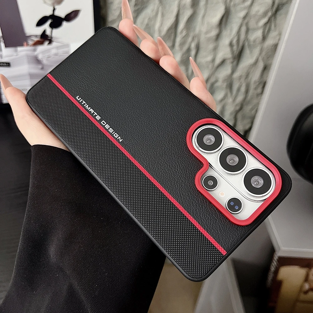 Luxury Red Line Splicing Phone Case For Samsung S26 S25 Ultra Plus Skin Texture Galaxy S25 Edge S26+ Hard Cover Funda Shockproof