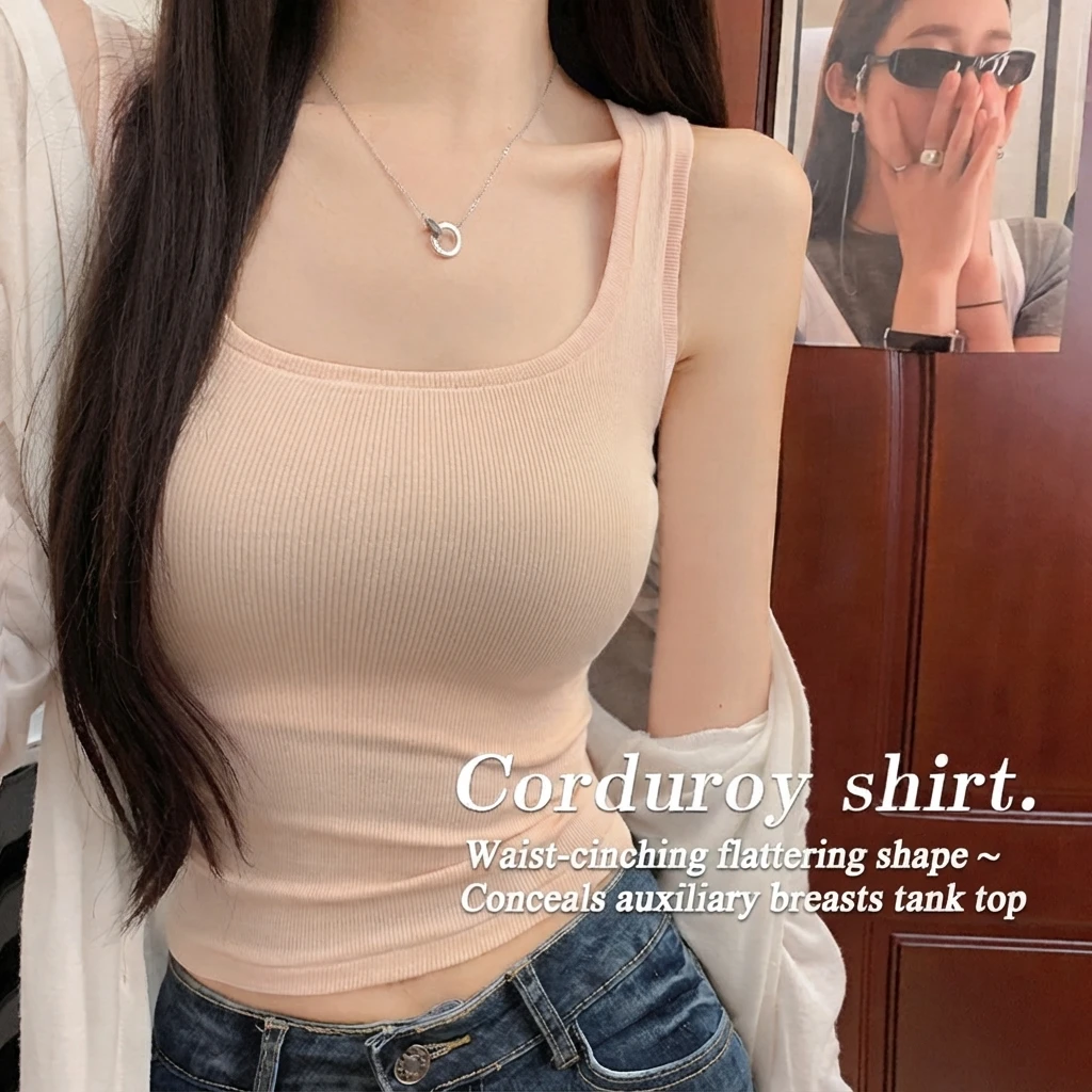 Women Sling Vest U Neck Wide Shoulder Strap Solid Color Viscose Ribbed Slim Fit Short Sleeveless Camisole Summer Inner Top