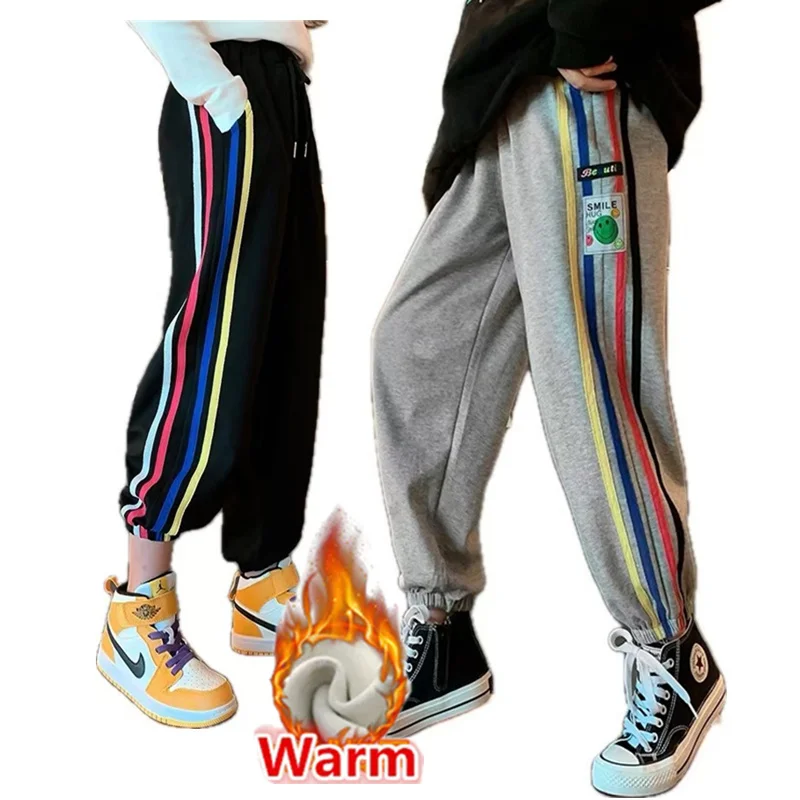 

Winter Teenage Kids Warm Fleece Pencil Pants with Side Stripes For Girl Child Insulated Sports Trousers with Stripes On the Side