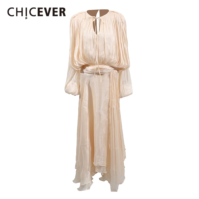

CHICEVER Elegant Spliced Ruffles Dresses for Women O Neck Long Sleeve High Waist Patchwork Lace Up Temperament Maxi Dress Female