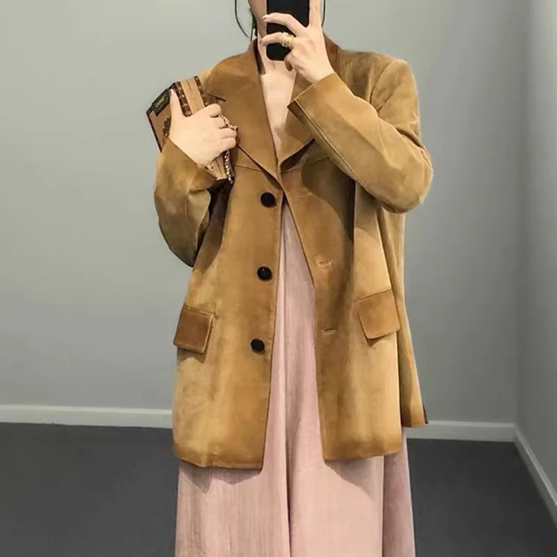 Vintage Fashion Suede Jacket Women 2024 autumn Genuine Leather Gradient Brown Sakura PinK Maillard Dressing Silhouette Suit Coat