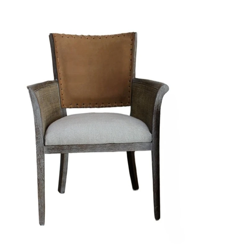 Furniture chair, French country retro solid wood, oak armrest dining chair, American simple cowhide office chair