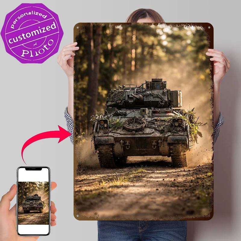 Camouflaged Tank in Forest Metal Poster Perfect Gift for Fans Lovers Customized Wall Art Metal Sign for Bedroom Accessories Bar