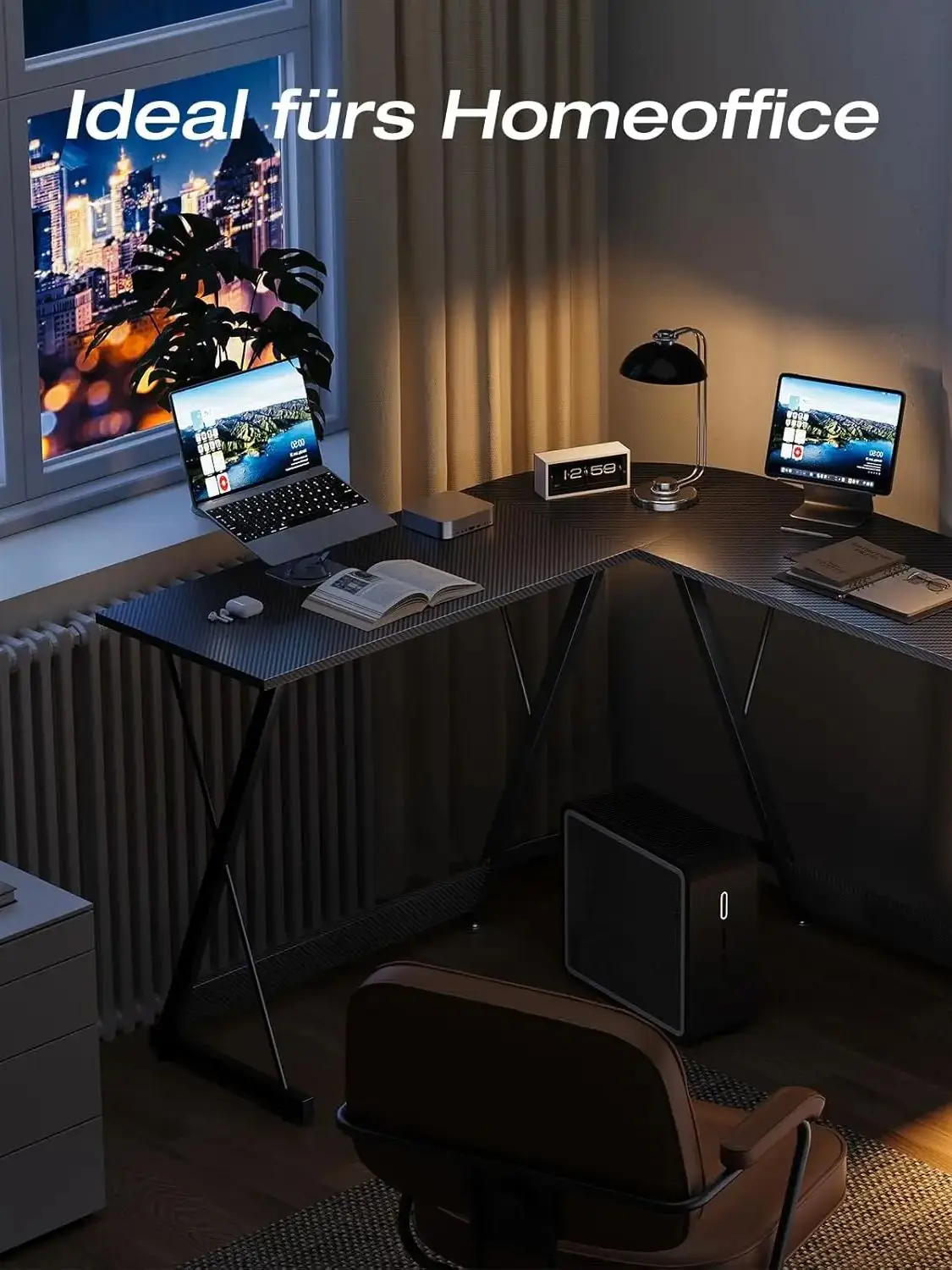 Coleshome  Gaming Schreibtisch in L-Form, Gaming Tisch, Stabiler Eckschreibtisch, einfache Montage, für Wohnzimmer & Arbeitszimmer, 120×120 cm, Kohlefaser Schwarz