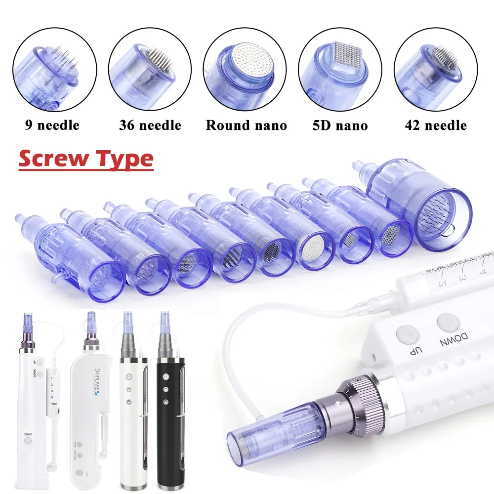 5pcs Hydra Pen Micro Needle Cartridges with Syringe Tube Screw Suits for 2 in 1 Mini Hydra Gun Mesotherapy Auto Derma Stamp Pen