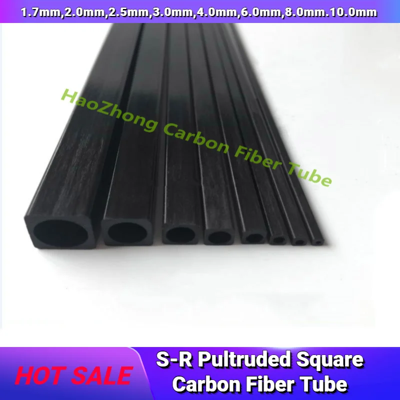 SR OD 1.7mm,2.0mm,2.5mm,3.0mm,4.0mm,6.0mm,8.0mm.10.0mm 500mm length S-R Pultruded Square Carbon Fiber Tube