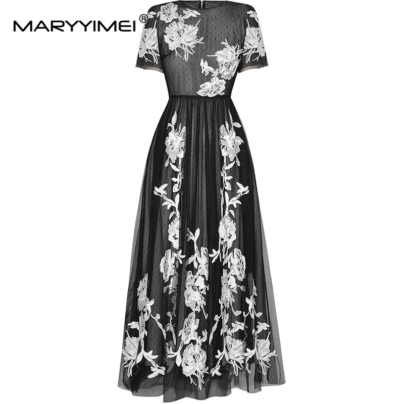 MARYYIMEI Mesh Embroidery Pleated Splicing Summer Dress Women\'s Short Sleeved High Waiste Ball Gown Dresses