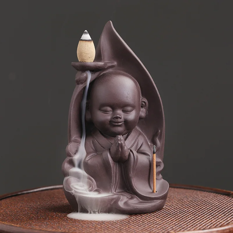 Purple sand aromatherapy furnace handicraft ornaments, Xiangyun Little Monk Buddha statue waterfall reflux incense pedestal