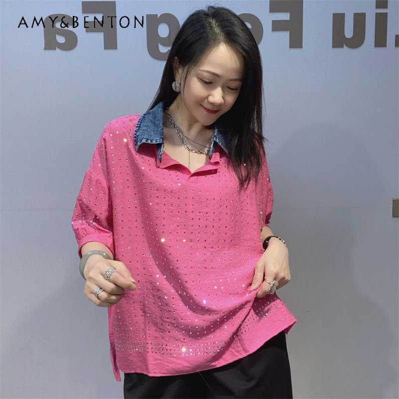 

Женская летняя свободная блузка-рубашка оверсайз из хлопка и льна с коротким рукавом, декорированная стразами, с отложным воротником и вставками из денима, повседневная модная модель