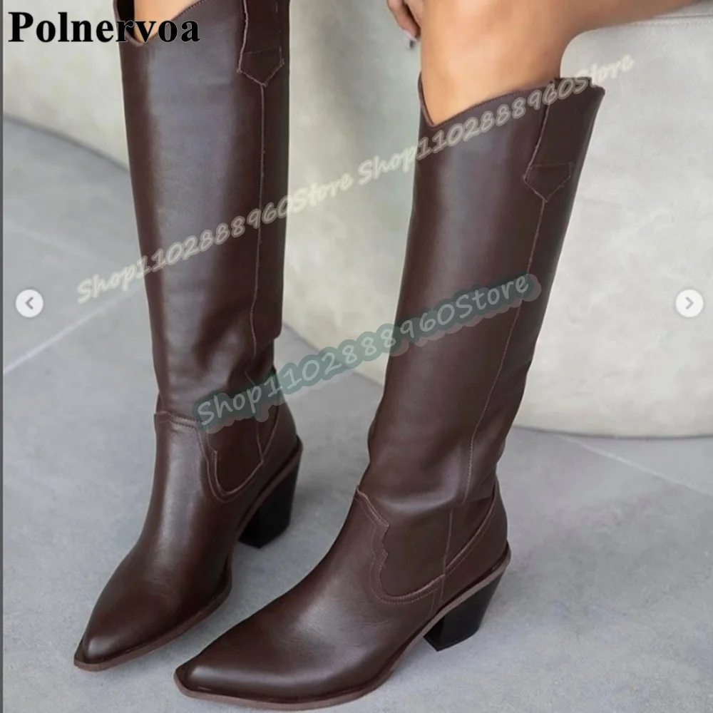 

Knee High Brown Leather Pointy Knight Boots Thick Heel Shoes For Women Slip On Pointed Toe Occidental Style Zapatos Para Mujer