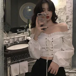 Women's Shirt Spring Court One Neck Off Shoulder Lace Up Short Two Wear High Waist Bubble Sleeve Blouse