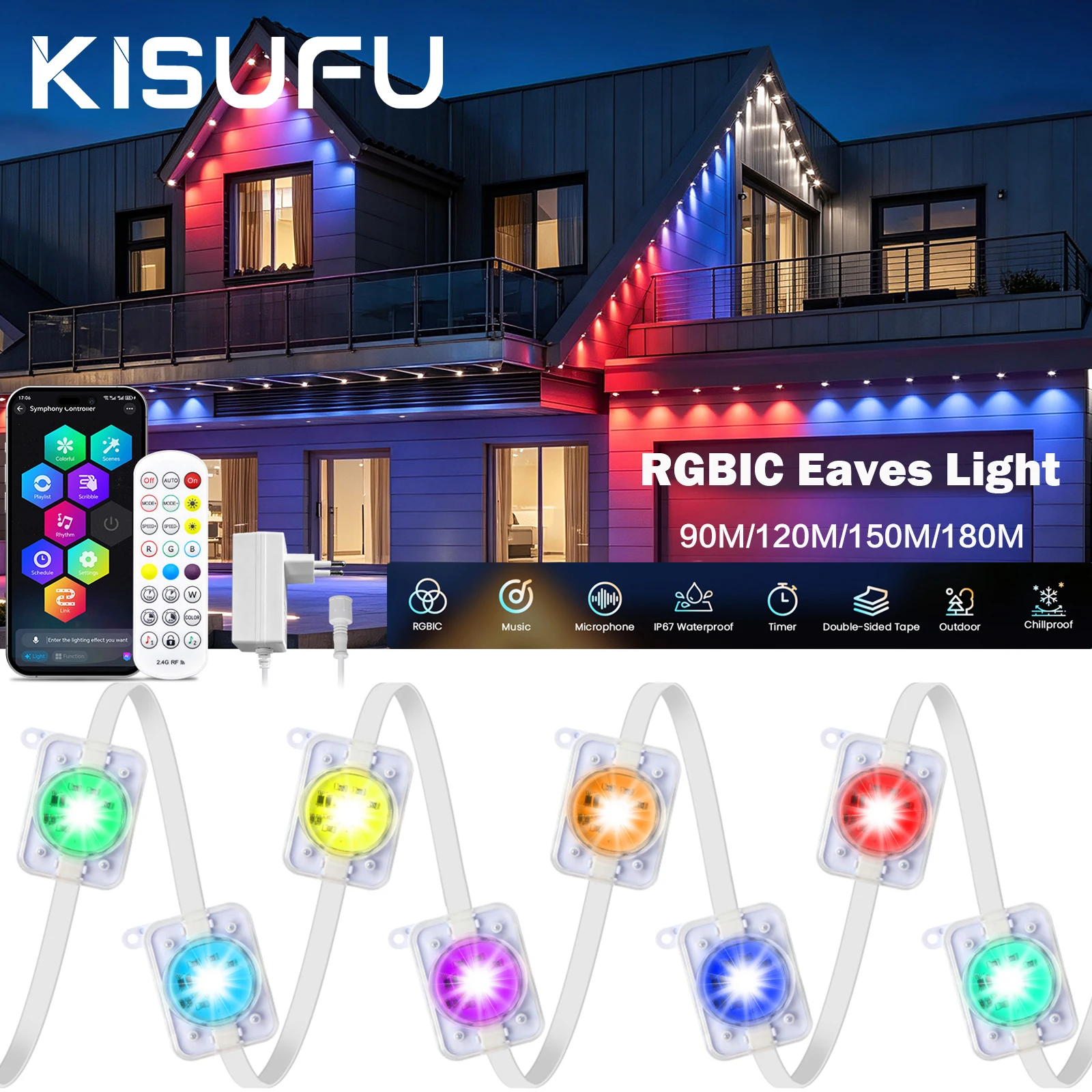 Outdoor RGBIC Eaves LED light High Bright 90M/120M/150M/180M IP67 Addressable LED String Light DIY Scene Christmas Holiday Decor