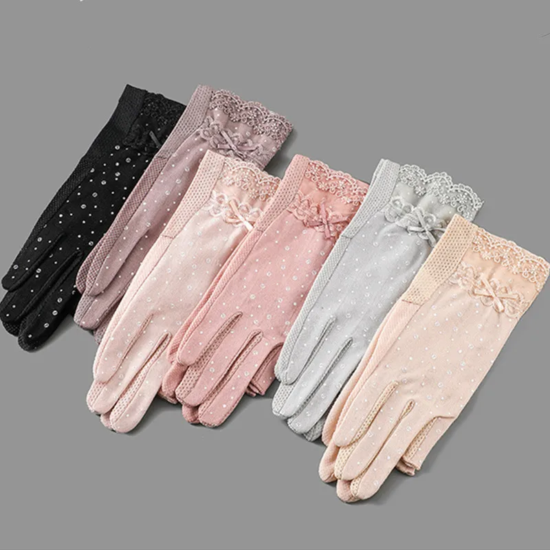 

Lace Bow Women Gloves Soft Cotton Thin Touch Screen Riding Driving Summer Autumn UV Protection Sunscreen Gloves Anti-UV Mittens