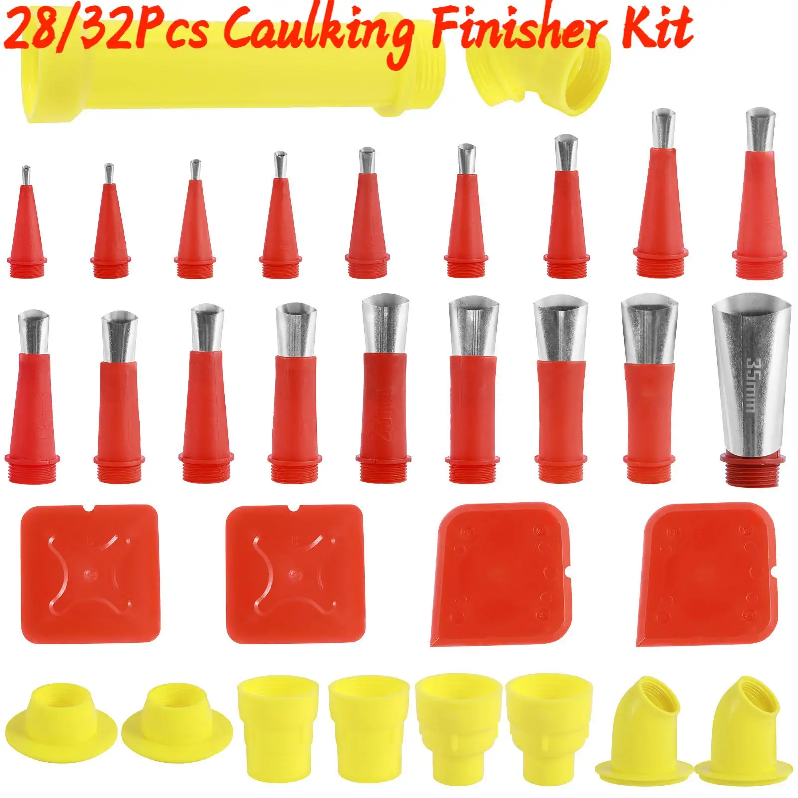 

28/32Pcs Caulking Finisher Kit Caulking Nozzle Tips Tool Kit with Connector and Grout Scraper for Bathroom Kitchen Doors