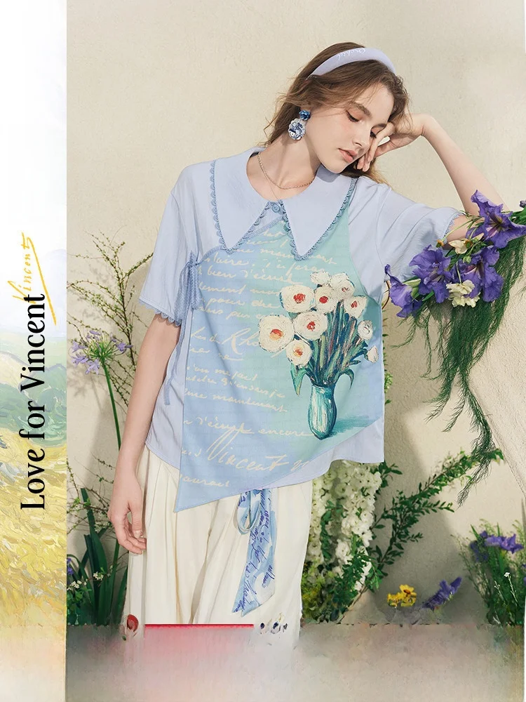

Artistic Floral Print ort Sve irt Women's Loose Fit Tie Waist Design Summer New Sle Commute Faion Casual irt