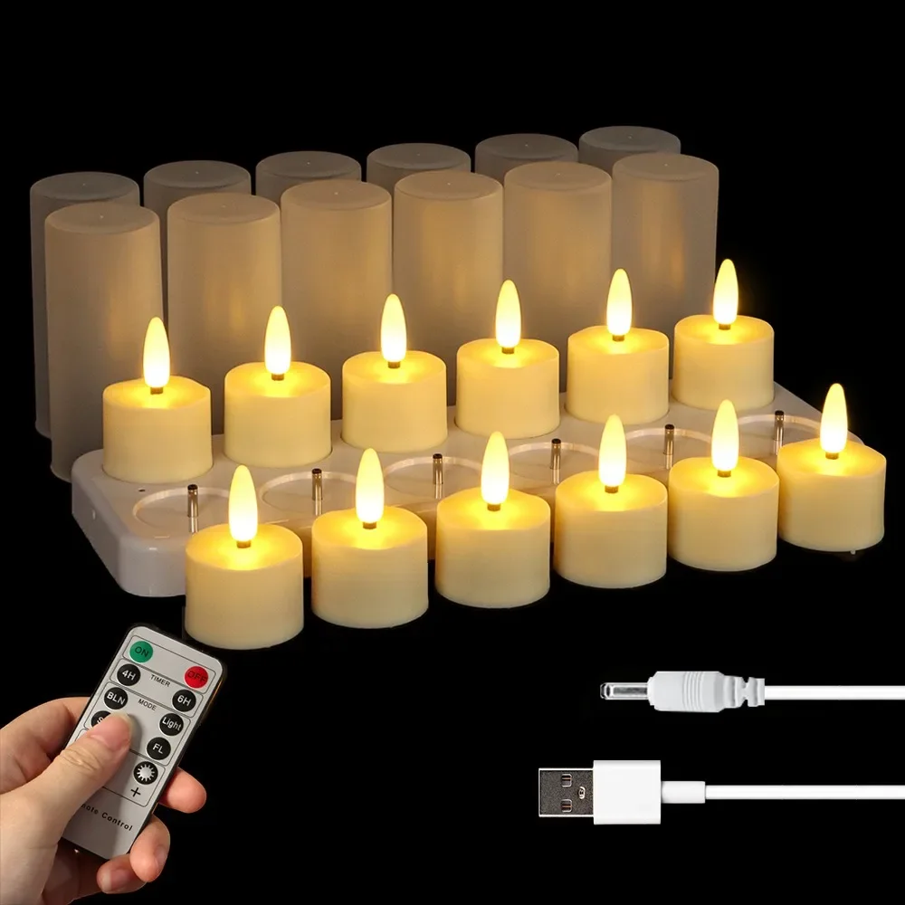 

4/6/8/12 PCS Remote Control Christmas LED Candle Light Flameless Warm Yellow Tea Light Rechargeable Electronic Candle Party