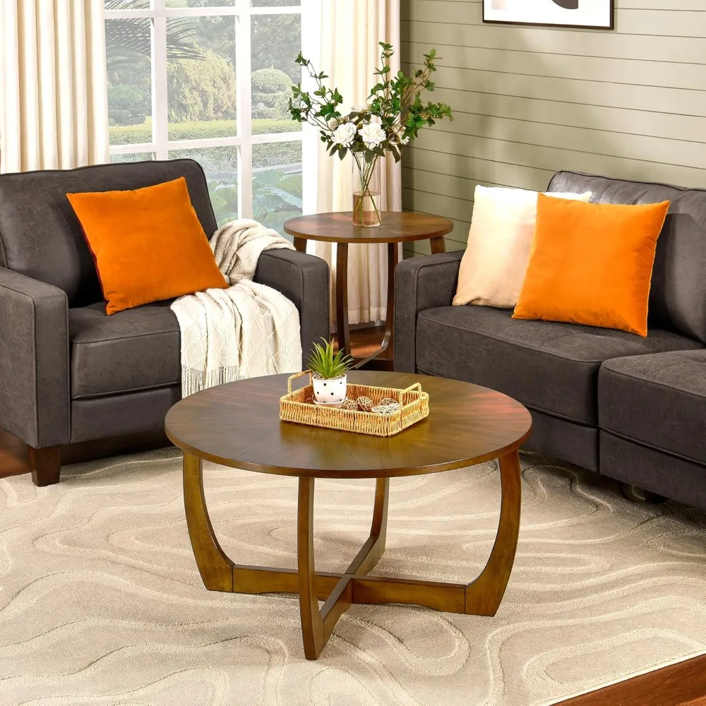 Round Wood Coffee Table, Mid Century Modern Round Walnut Coffee Tables for Living Room, 33.5 Dia. Circle Drum Coffee T