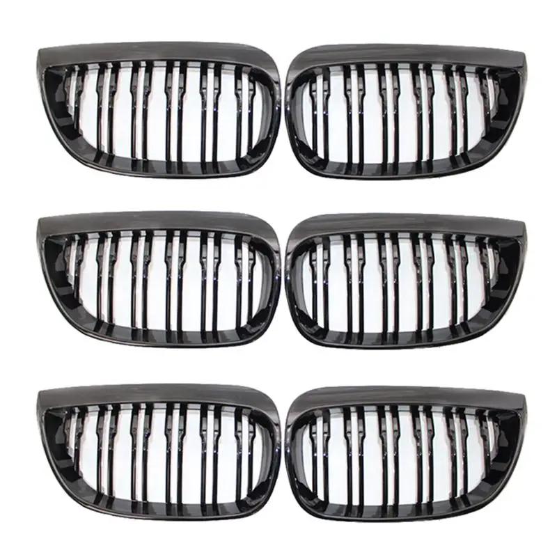 A48P-3 Pair Front Kidney Double Line Grille Sport Grill Replacement For-BMW E81 E87 E88 1 Series 2004-2007 GLOSS BLACK