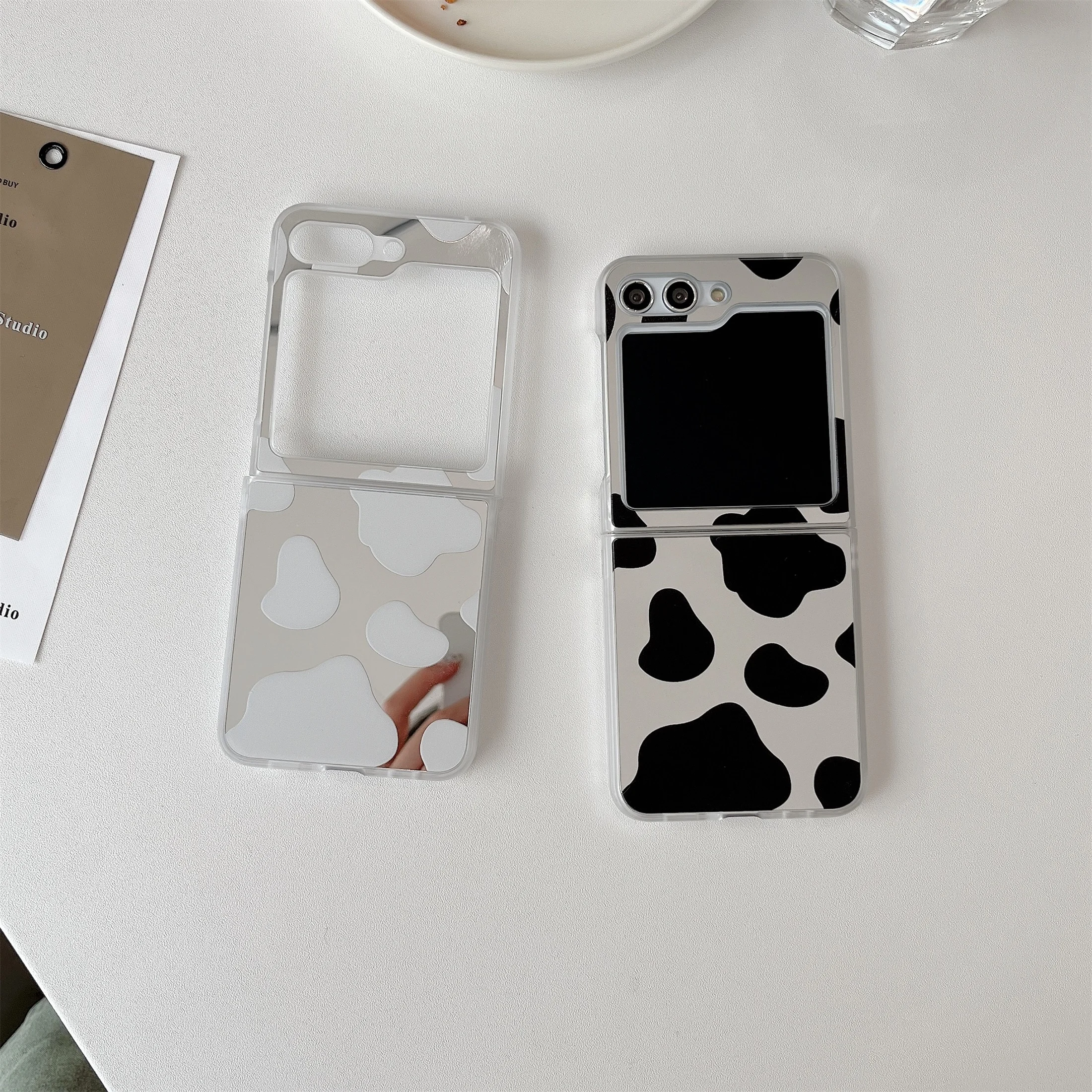 For Samsung Z Flip 5 Case Cow Pattern Mirror Folding Phone Zflip 3 4 Shockproof Hard Back